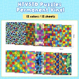 HTVSTD Autism Puzzles Permanent Vinyl 12 Sheets 12"x10" Jigsaw Puzzles Permanent Adhesive Vinyl Rainbow Color Sticker Vinyl for Mugs Self Adhesive Vinyl Compatible with Cricut/Silhoutte Cameo