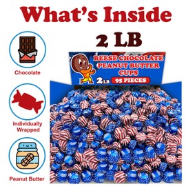 Patriotic Candy Milk Reese Chocolate Peanut Butter Cups, 2 Lbs Bulk, Red, White and Blue American Flag Foils, Individually Wrapped for July 4th Independence Day Parties, Memorial Day, Election Day Treats