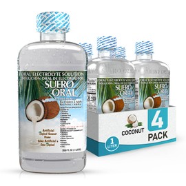 Suero Oral Electrolyte Solution - Electrolytes Drink, Hydration Booster & Rehydration Drink for Kids & Adults, Hydrates, Replenishes, Energizes, Coconut Flavor, 1 Liter (4 Pack)