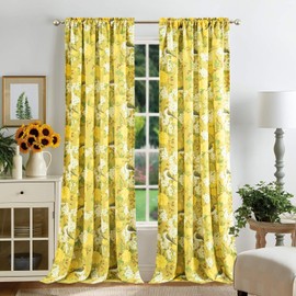 Leeva Yellow Bird Flower Print Curtains, Farmhouse Style View Block Privacy Drapes Panels for Living Room, Rod Pocket Linen Textured Window Curtains for Decorations, 52" x 63"