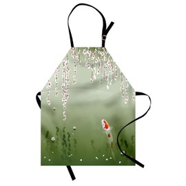 Lunarable Koi Fish Apron, Japanese Koi Fish Painting Style Hanging Cherry Flowers Floating Leaves, Unisex Kitchen Bib with Adjustable Neck for Cooking Gardening, Adult Size, Orange White