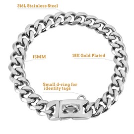 BAOBOTE 15MM Silver Stainless Steel Dog Collar with Cuban Link Chain Heavy Duty Chew Proof Training Collar for Dogs(16" Silver)
