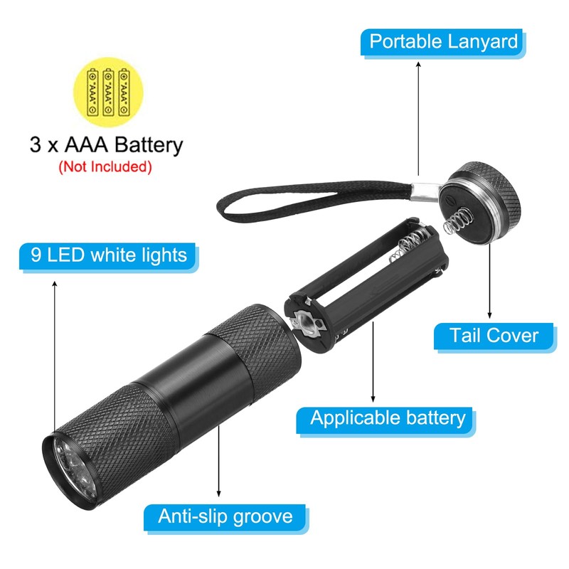 PATIKIL 9 LED Mini Flashlights, 2 Pcs Aluminum Pocket Flashlight