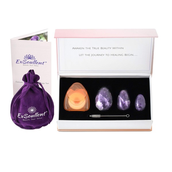 ExSoullent Jade Yoni Eggs Certified - Deluxe Amethyst Crystal Drilled Egg 3 pcs Set for Women, Bladder Control & Holistic Chakra Healing