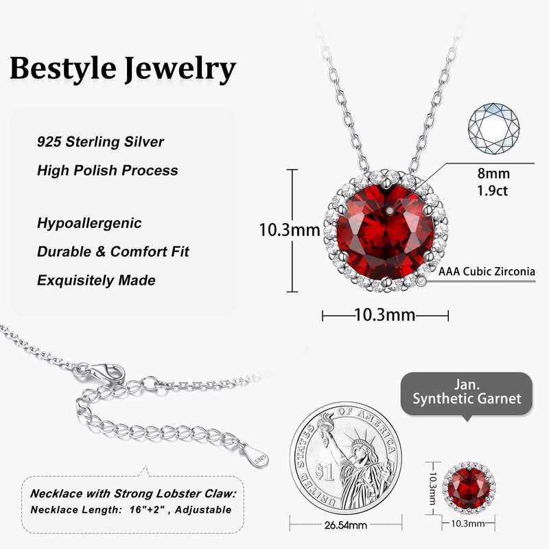 Bestyle Sterling Silver January Birthstone Pendant Necklace for Women Round