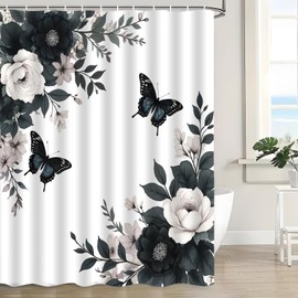 CWHCWA Black Grey Floral Shower Curtain, 70x70 Inch