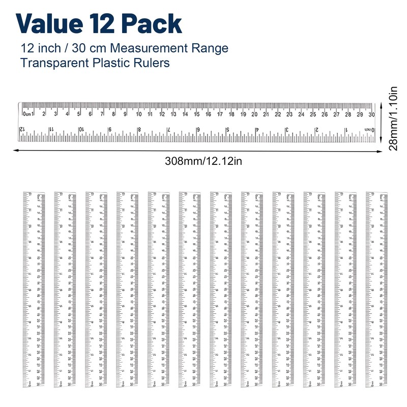 Pack of 12 Plastic Rulers 30 cm / 12 Inch2,