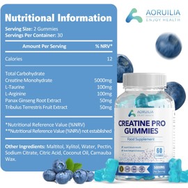 Aoruilia Creatine Gummies for Men & Women 5000mg 60 Chewable Creatine Monohydrate Gummies for Muscle Strength & Growth Sugar Free Pre-Workout Supplementm Vegans gym (Blueberry Flavour)
