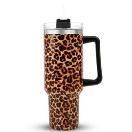 QDXMD - Vaso de 40 onzas con asa y tapa de popote, aislamiento al aspiradora, a prueba de fugas, de acero inoxidable de doble pared, mantiene el hielo frío y el calor durante horas (vaso café