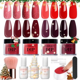 AZUREBEAUTY Dip Powder Nail Kit,4 Colors Red Burgundy Berry Dipping Powder System Liquid Set Recycling Tray with Base & Top Coat Activator for French Nail Art Manicure Salon DIY