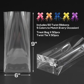 EASYYOURHOME 50PCS Gift Wrap Cellophane Goodie Bags with Bottom, Clear Plastic Treat Bags for Packaging Gift Candy Dessert Snack Cookie Chocolate Party Favor with 50 Decorative Bows(6 * 9inch)