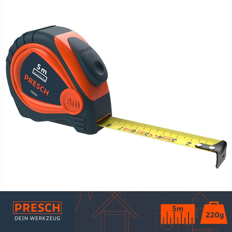 Presch Tape Measure 5m - Robust Professional Measuring Tape 5m