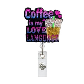 JaoZuyard Coffee is My Love Language Nurse Badge Reel Retractable Glitter Cute Purple Name Tag Acrylic Alligator Clip Valentines Badge Clip ID Badge Holder for Work Teacher RN Student Cop Office Staff