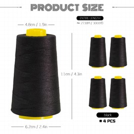 All-Purpose Polyester Sewing Thread - 4-Pack (12,000 Yards Total) - Black Thread Cones for Serger, Overlock, Quilting & Sewing Machines