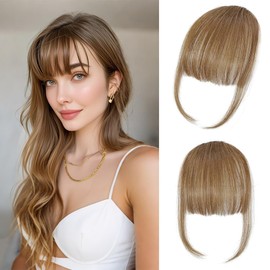 One Piece Clip in Neat Flat Bangs Extension Hand Made Human Hair Invisible 15cm Straight Forehead Wispy Fringe with Temples Smart 6g Hairline Replacement Wiglet (Light Brown)