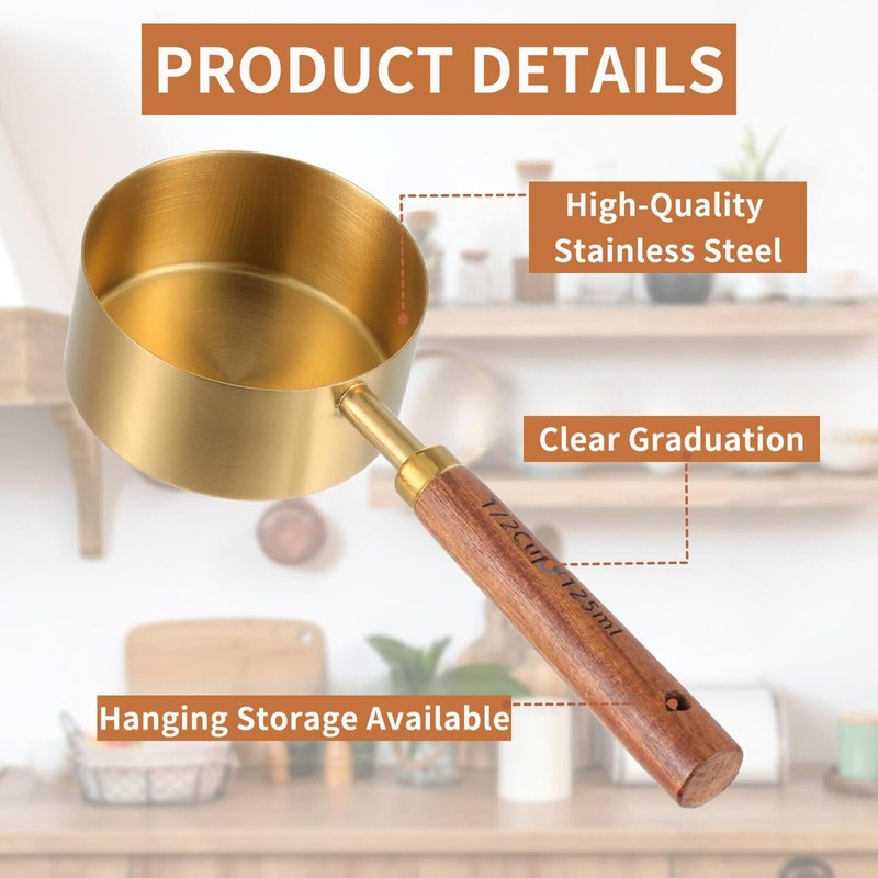 Measuring Cups and Spoons Set 8-Piece, Food-Grade Golden Nonstick with