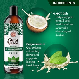 GuruNanda Starter Pulling Oil Mouthwash for Natural Teeth Whitening, Coconut and Peppermint Oil for Fresh Breath & Happy Gums, Alcohol-Free, 8 Oz