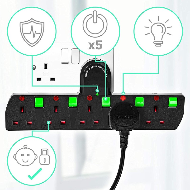 Duronic S125B 5 Way UK Plug Surge Protected Power Extension