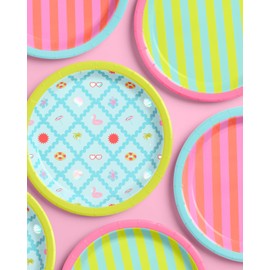 xo, Fetti Pool Party Paper Plates, 3 Designs | 24 pcs 9" | Kids Decorations, Summer Birthday Decor, Stripe Tablescape, Colorful Table Setting