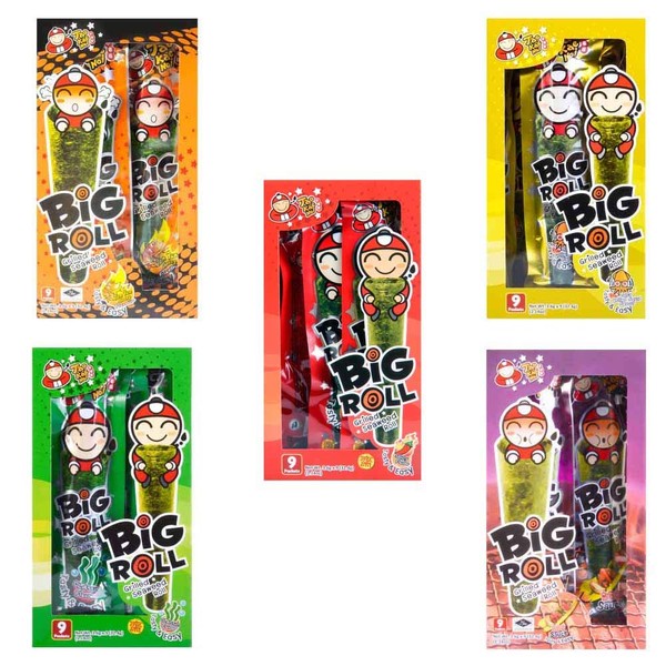 Big Roll Crispy Grilled Seaweed Variety Pack (Spicy, Classic, Tom Yum, BBQ, Squid) - 5 Boxes