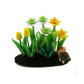 Melody Jane Dolls House Daffodils Tulips Flowers in Ground Grass Miniature Garden Accessory