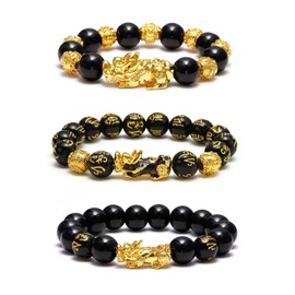 Lian 3Pcs Feng Shui Black Obsidian Bracelets 12mm Pi Xiu Wealth Good Luck Amulet Dragon Lucky Charm Bracelets for Women Men Adjustable Elastic Attract Wealth Money Bracelet Set