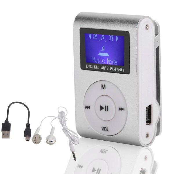 Durable Aluminum Alloy Construction Mini MP3 Music Player, MP3 Player Set Sports BackClip Player Siliver Sports MP3 Player with Expandable Storage LCD Display(Silver)