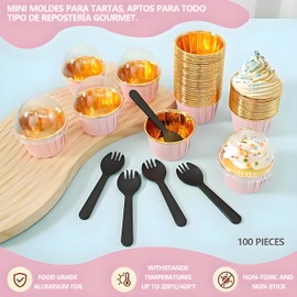 Moldes para pasteles ZHBDFMS, 100 mini moldes de aluminio reutilizables con tapas y cucharas, Adecuado para hornear minipasteles, postres y magdalenas, color Oro Rosa, 3.5 oz