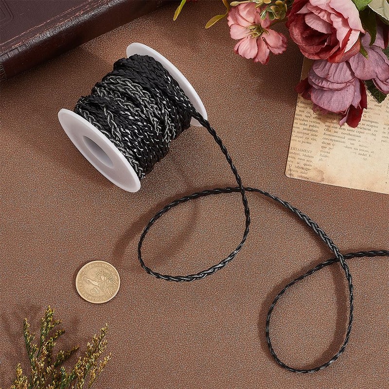CALFOVERA 10.94 Yard 5MM Flat Braided Leather Cord Woven Black