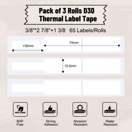 Phomemo D30 Label Maker Tape Cable Wire Label Tape, Black Print on White Sticker, 12.5mm x 74mm+35mm (3/8" x2 7/8"+1 3/8) Self-Adhesive Thermal Label Tape, 65 Tapes/Roll, 3-Roll