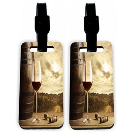 Red Wine Glass Vineyard with Vintage Barrel - Hardboard Luggage Identifier Tags with Straps (x2)