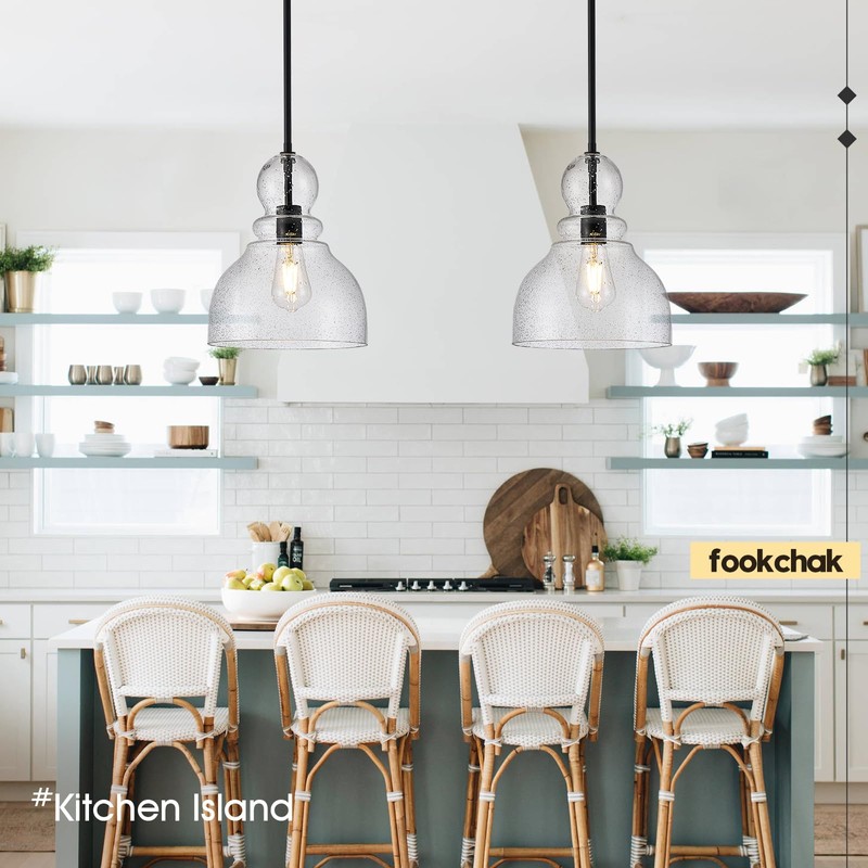 FookChak 10" Seeded Glass Pendant Lights Kitchen Island Black Pendant