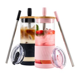 Pandaloo® Glass Cups With Lids and Straws -20 Fl Oz- Perfect Size Iced Coffee Cup - Smoothie Cup With Bamboo Lid and On the go Lid - Glass Tumbler (2 Count (Pack of 1), Black Saphir-Tender Pink)