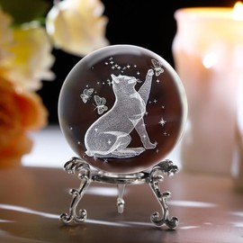 Afeeler 60mm 3D Cat Crystal Ball with Stand, Glass Laser Engraved Cat Butterfly Crystal Ball, Glass Sphere Paperweights Cat Gifts for Cat Lovers Women