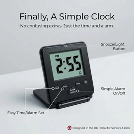 Digital Travel Alarm Clock - No Bells, No Whistles, Simple Basic Operation, Loud Alarm, Snooze, Small and Light, ON/Off Switch, 2 AAA Battery Powered, Black