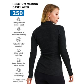 Merino Wool Base Layer Women - 100% Merino Half Zip Sweater Women Lite, Midweight, Heavyweight Thermal Shirts and Socks (Medium, 250 Charcoal Grey)