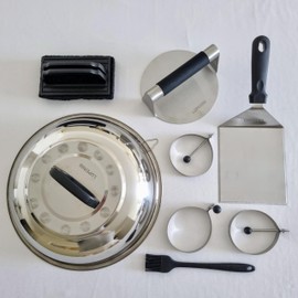 LUPERINI. Smash Burger Press Kit. Grill Tool Accessories. Burger Press 6.3 inch Stainless Steel. Turner Spatula. 12 Inch Dome. Sauce Brush. 3 Egg Rings. Cleaning Brush. Grill Press Restaurant, Gift.