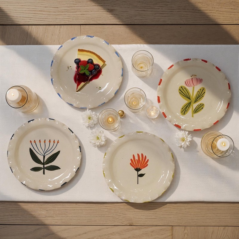 Creative Co-Op 4-Piece Stoneware Plate Set with Flower Image, Multicolor