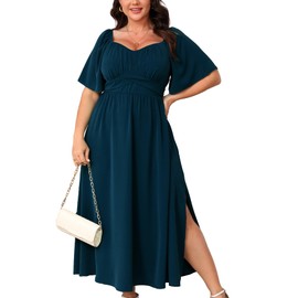 CICIDUDU Plus Size Dress Wedding Guest Semi Formal Ruffle Short Sleeve Sweetheart Neckline Slit A Line Flowy Maxi Dresses Lake Blue