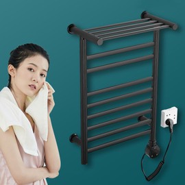 Wall Mounted Towel Warmer Rack, 8 Bars Heated Towel Warmer Rack with Intelligent Digital Display,Built-in Smart Timer,104℉-149℉, with Top Shelf for Bathroom,White (Black)