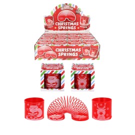 HENBRANDT 12 x Christmas Red Spring Toy for Kids 6.5cm Boxed Magic Spring Toys 2 Assorted Designs Santa/Reindeer Xmas Party Bag Favours Stocking Fillers Lucky Dip Rewards for Boys and Girls