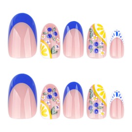 Medium Almond Press on Nails Fake Nails Blue French Tip with Flower Designs Stick on Nails Glossy Reusable Artificial Acrylic Full Cover False Nails for Women Manicure 24 Pcs (Blue-12, M-012)