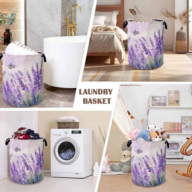 Laundry Hamper,Purple Lavender Laundry Basket,Butterfly Waterproof Oxford Cloth Storage Basket