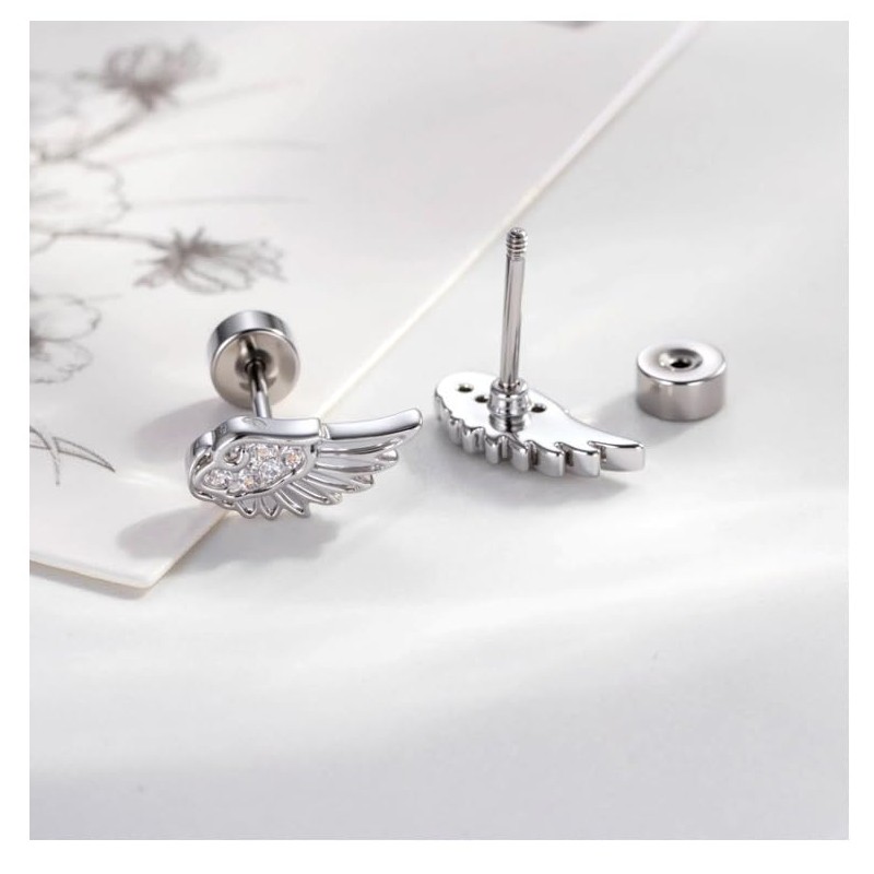Goth Angle Wing Earrings Silver Stainless Steel Flat Back Earrings