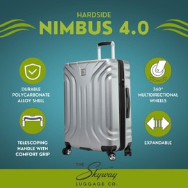 Skyway Nimbus 4.0 Expandable, Durable Hardside, 4 Wheel Spinner, Lightweight Suitcase, Unisex, Stylish, Shiny Silver, Checked-Large 28-Inch