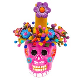 NOVICA Artisan Handmade Ceramic Candleholder Fuchsia Floral Skull Taper Lamps Lighting Holders Multicolor Pink Mexico 'Fuchsia Floral Skull'