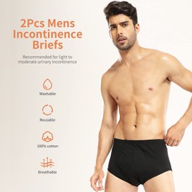 Incontinence Underwear for Men 2 Pack Washable Urinary Briefs with Front Absorbent Area Mens Incontinence Brief Leakproof Urinary Incontinence Brief Reusable Urinary Incontinence Underwear(Black, M)