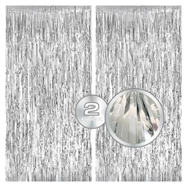 Pybingcw 2 Pack Foil Fringe Backdrop Silver Tinsel Backdrop Tinsel Curtain Backdrop Streamer Backdrop Curtain for Silver Birthday Decorations Prom Decorations Party Streamers Decorations
