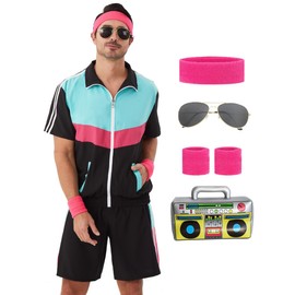 Coseaon 80s Outfit for Men 90s Track Suit Men's Retro Color Block Short Sleeve Jacket Shorts Set Outfits Costumes for Party (US, Alpha, XX-Large, Regular, Regular, Black)