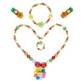 Girls Jewelry Set Including Shining Stretchy Beads Necklace Bracelet Ring Hair Clips Jewelry Toy for Princess Dress Up Pretend Play Accessories Holiday Gift for Girls Kids Toddlers (Rainbow Flower)